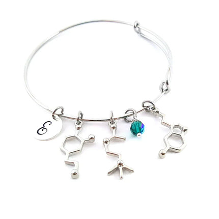Serotonin Neurotransmitter Bracelet – Adjustable Bangle with Birthstone & Initial