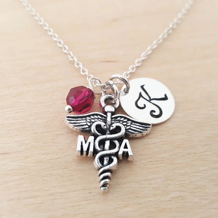 Medical Assistant Necklace – Sterling Silver with Birthstone & Initial Charm