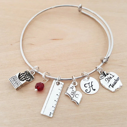 Personalized Teacher Bracelet – Adjustable Bangle with Birthstone & Initial
