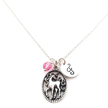 Unicorn Necklace – Sterling Silver with Birthstone & Initial Charm