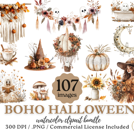 Boho Halloween Watercolor Clipart Bundle – 107 PNGs, 300 DPI, Commercial License