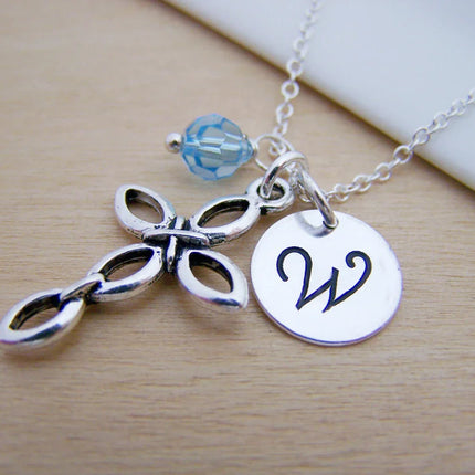 Personalized Cross Necklace – Sterling Silver Chain with Birthstone & Initial