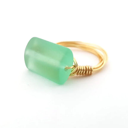 Aqua Sea Glass Ring - Gold Wire Wrapped Ring - Ring Size 6