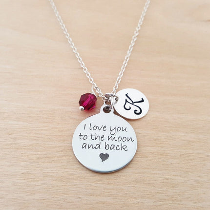 I Love You to the Moon and Back Necklace – Sterling Silver with Birthstone & Initial Charm