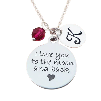 I Love You to the Moon and Back Necklace – Sterling Silver with Birthstone & Initial Charm