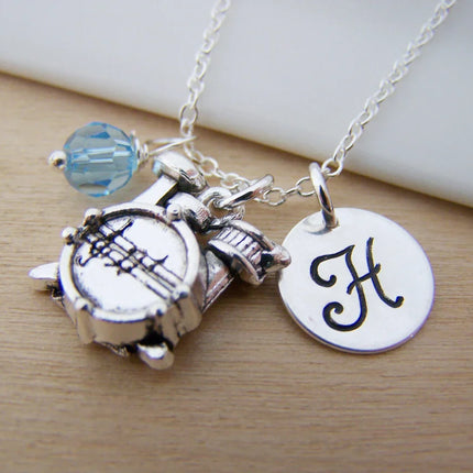 Drums Necklace – Sterling Silver with Birthstone & Initial Charm