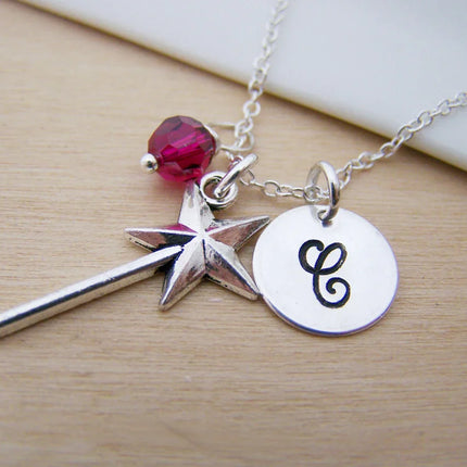 Personalized Magic Wand Necklace – Sterling Silver Chain with Birthstone & Initial