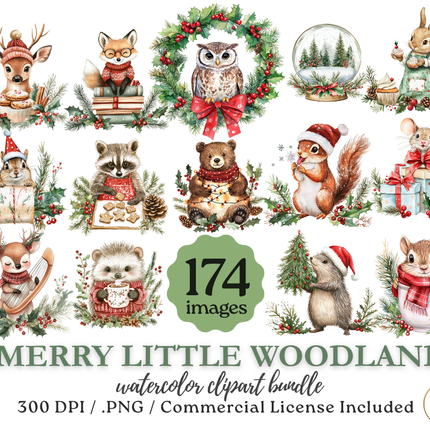 Merry Little Woodland – 174 Watercolor Christmas Clipart Bundle | PNGs, 300 DPI, Commercial License Included
