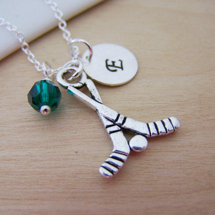 Hockey Stick Necklace – Sterling Silver with Birthstone & Initial Charm
