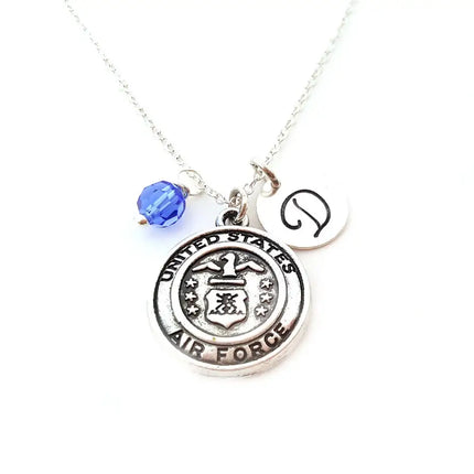 Personalized Air Force Necklace – Sterling Silver Chain with Birthstone & Initial