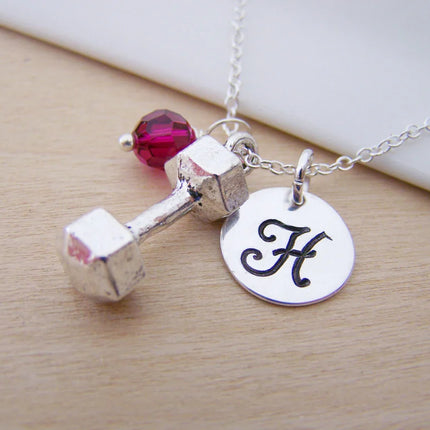 Personalized Dumbbell Necklace – Weightlifting Charm with Sterling Silver Chain & Birthstone
