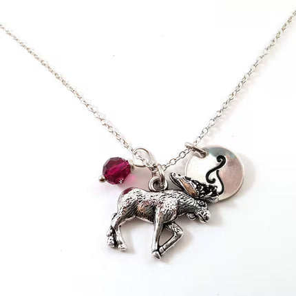 Personalized Moose Necklace – Moose Charm with Sterling Silver Chain, Birthstone & Initial