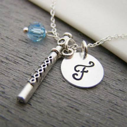 Flute Necklace – Sterling Silver with Birthstone & Initial Charm