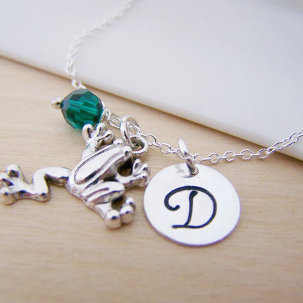 Frog Necklace – Sterling Silver with Birthstone & Initial Charm