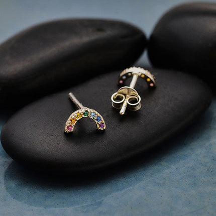 Rainbow Arc Post Earrings – Sterling Silver with Nano Gems (4x8mm)