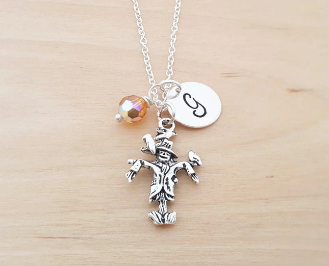 Personalized Scarecrow Necklace – Sterling Silver Chain with Birthstone & Initial