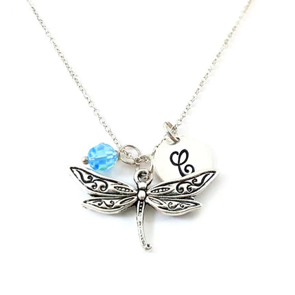 Personalized Dragonfly Necklace – Sterling Silver Chain with Birthstone & Initial