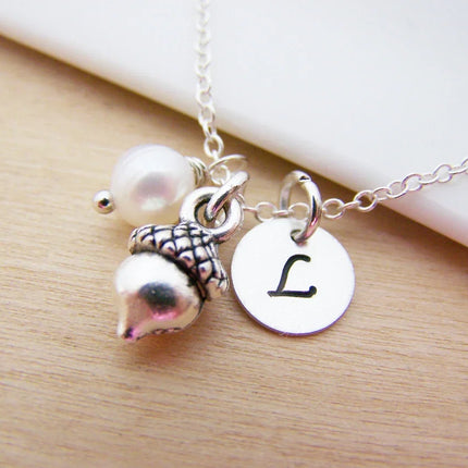 Tiny Acorn Necklace – Sterling Silver with Birthstone & Initial Charm