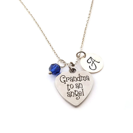 Grandma to an Angel Necklace – Sterling Silver with Birthstone & Initial Charm
