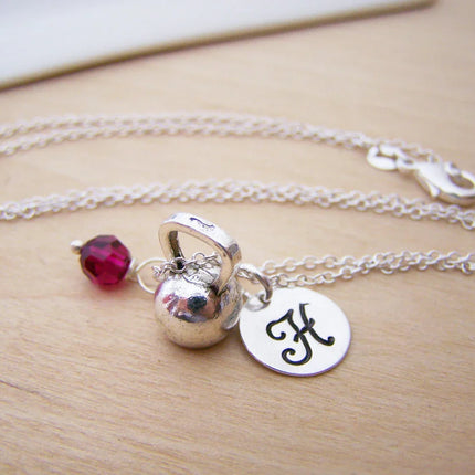 Kettlebell Necklace – Sterling Silver with Birthstone & Initial Charm
