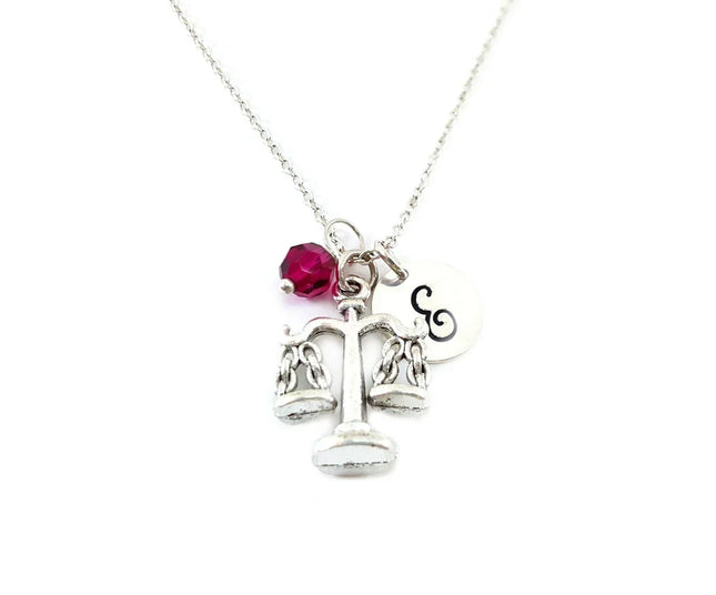 Justice Scales Necklace – Sterling Silver Chain with Personalized Birthstone & Initial