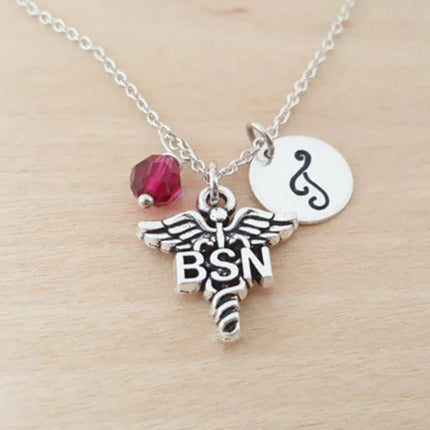 Personalized BSN Nurse Necklace – Sterling Silver Chain with Birthstone & Initial