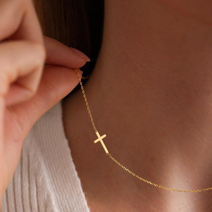 Gold Sideways Cross Necklace – Minimalist Horizontal Cross on 18" Chain