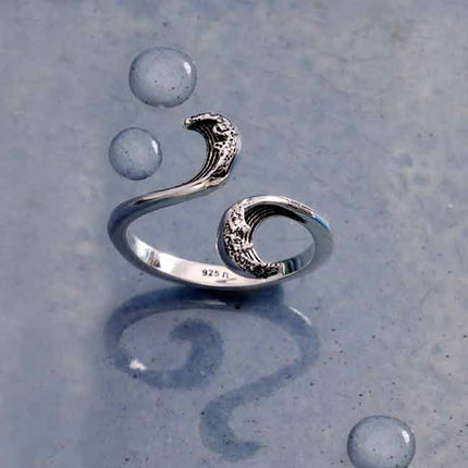 Sterling Silver Stylized Wave Adjustable Ring – Ocean Energy Yin Yang Design