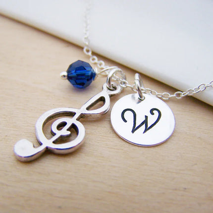 Personalized Treble Clef Necklace – Sterling Silver Chain with Birthstone & Initial
