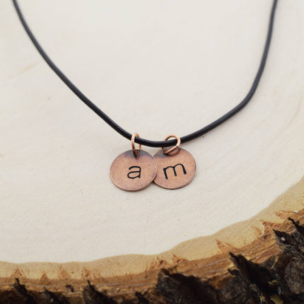 Personalized Copper Initial Necklace for Men – Hand Stamped Leather Cord Necklace – Custom Initial Jewelry Gift for Him