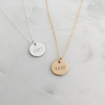 Police Wife Necklace – Hand Stamped Badge Number on 1/2" Disc, Gold or Silver, 18" Chain