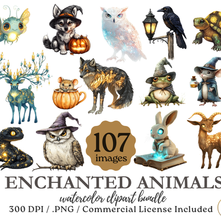 Enchanted Animals Watercolor Clipart Bundle – 107 PNGs, 300 DPI, Commercial License