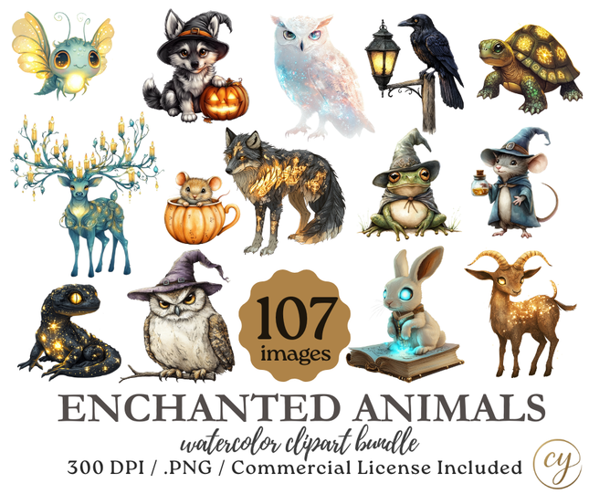 Enchanted Animals Watercolor Clipart Bundle – 107 PNGs, 300 DPI, Commercial License