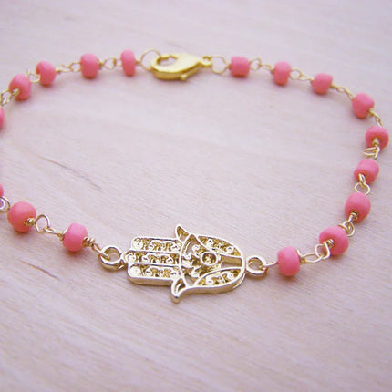 Hamsa Bracelet - Pink Bracelet - Wire Wrapped Bracelet