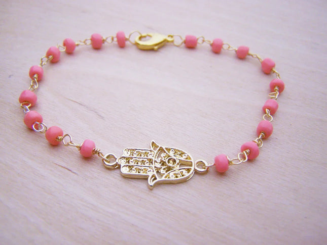 Hamsa Bracelet - Pink Bracelet - Wire Wrapped Bracelet