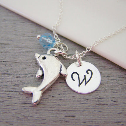 Personalized Dolphin Necklace – Sterling Silver Chain with Birthstone & Initial