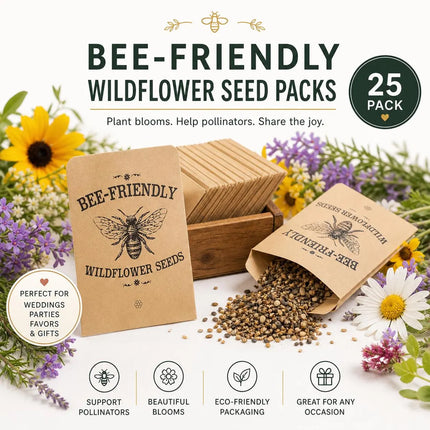 Bee Friendly Wildflower Seed Favors 25 Pack, Pre Filled Seed Packets, Garden Party Gifts