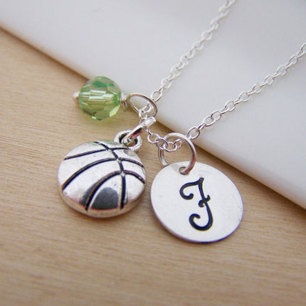 Basketball Necklace – Sterling Silver with Birthstone & Initial Charm