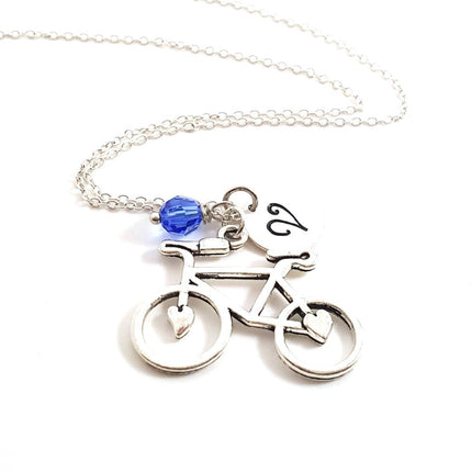 Personalized Bicycle Necklace – Sterling Silver Chain with Heart Charm, Birthstone & Initial