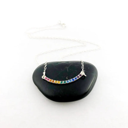 Rainbow Nano Gem Curved Bar Necklace – Sterling Silver Pride Jewelry, 18"