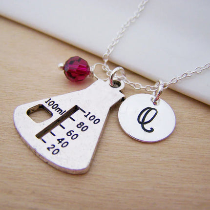 Chemistry Beaker Necklace – Sterling Silver with Birthstone & Initial Charm