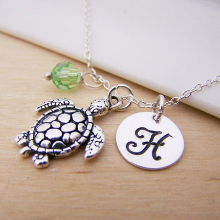 Sea Turtle Necklace – Sterling Silver with Birthstone & Initial Charm