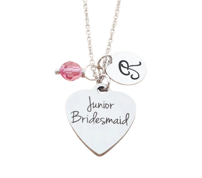 Junior Bridesmaid Necklace – Sterling Silver with Birthstone & Initial – Flower Girl Gift