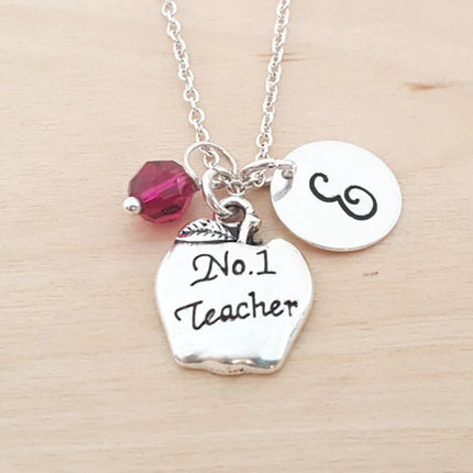 #1 Teacher Necklace – Sterling Silver Chain with Birthstone & Initial