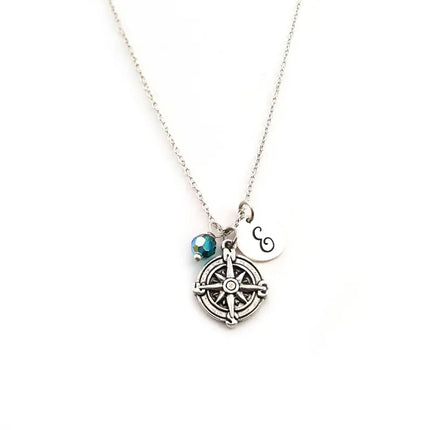 Personalized Compass Necklace – Sterling Silver Chain with Birthstone & Initial