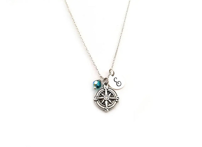 Personalized Compass Necklace – Sterling Silver Chain with Birthstone & Initial