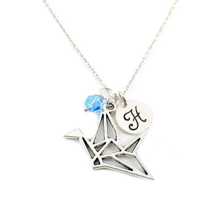 Personalized Paper Crane Necklace – Sterling Silver Chain with Birthstone & Initial