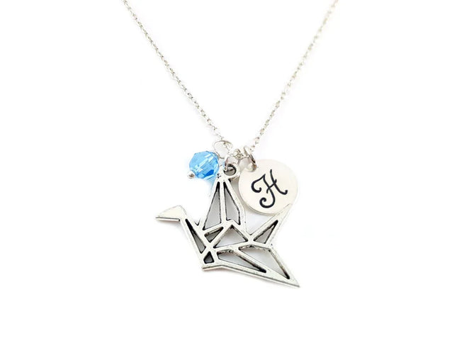 Personalized Paper Crane Necklace – Sterling Silver Chain with Birthstone & Initial