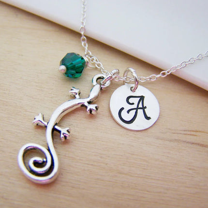 Personalized Gecko Necklace – Sterling Silver Chain with Birthstone & Initial