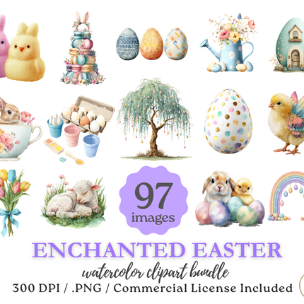 Enchanted Easter Watercolor Clip Art Bundle – 97 Pastel Spring PNG Graphics – Commercial Use Included